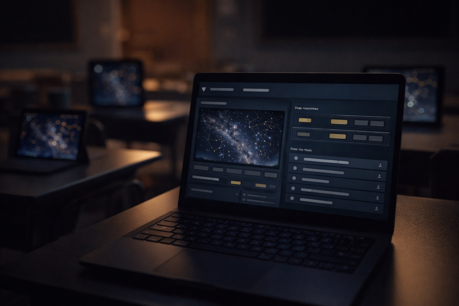 Teacher dashboard controlling synchronized planetarium experience across classroom devices